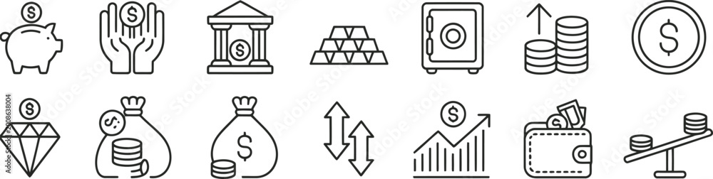 Fototapeta premium Flat set of coins piggy banks and currency symbols in black and white dollar sign euro sign
