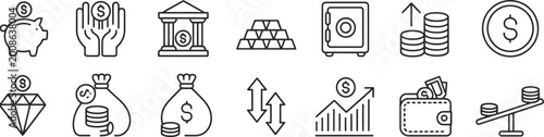 Foto Flat set of coins piggy banks and currency symbols in black and white dollar sig