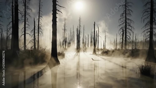 Eerie skeletal trees shrouded in mist within a desolate swamp under ethereal sunlight