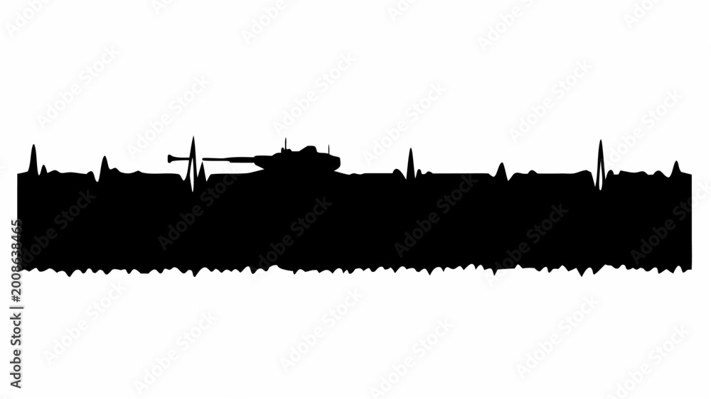 Obraz premium A dramatic battlefield silhouette at sunset with a tank and landscape evoking a sense of war and conflict on the horizon