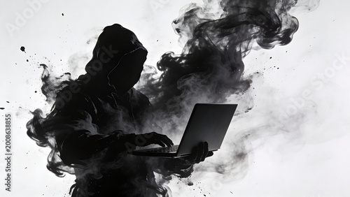 Silhouette of hacker in hoodie using laptop with abstract black smoke effect for cybersecurity and data breach concept