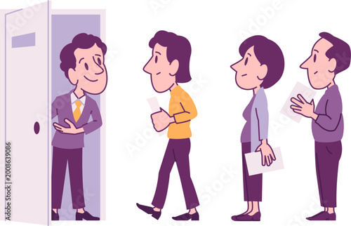 Job candidates waiting in line for interview at office door.