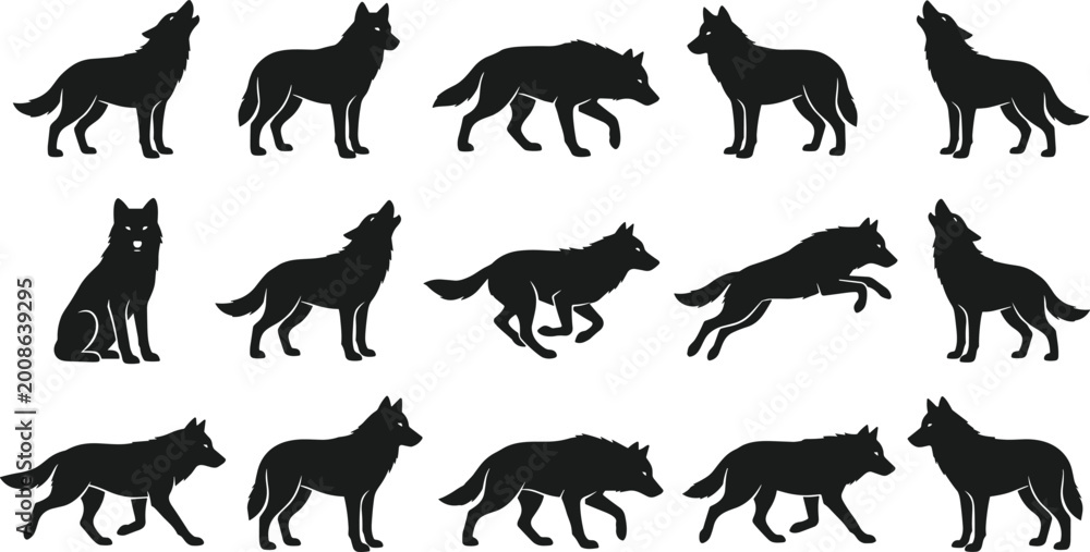 Obraz premium Large Wolf Silhouette Vector Collection Featuring Running, Howling, Sitting, and Standing Wild Canine Poses for Wildlife Design, Nature Illustration, and Animal Graphics