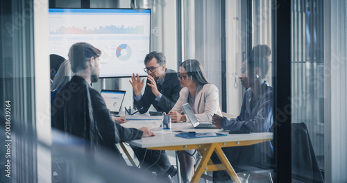 Canvas Print Business Team Meets in a Glass Office to Review Dashboards, Compare Sales Result