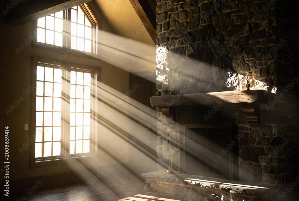 Naklejka premium A rustic interior with a stone fireplace and large windows, bathed in golden light.