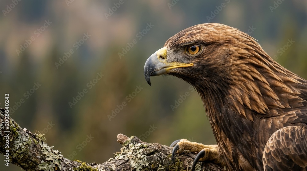 Fototapeta premium Golden eagle profile showing majestic strength in close up, powerful wildlife portrait with sharp detail, commercial stock appeal, balanced composition, soft natural light, realistic texture, crisp