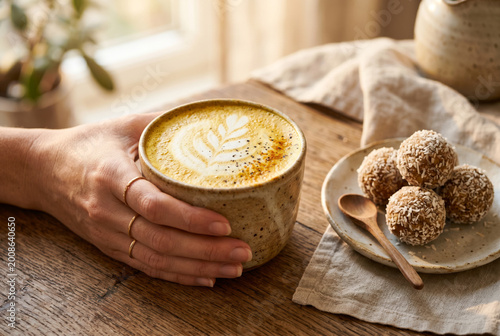 Golden Turmeric Ashwagandha Latte with Latte Art in Wabi-Sabi Cup, Cozy Wellness Drink