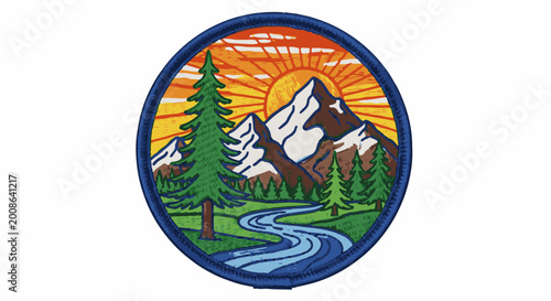 Embossed circular patch depicting a mountain landscape with a river and pine trees