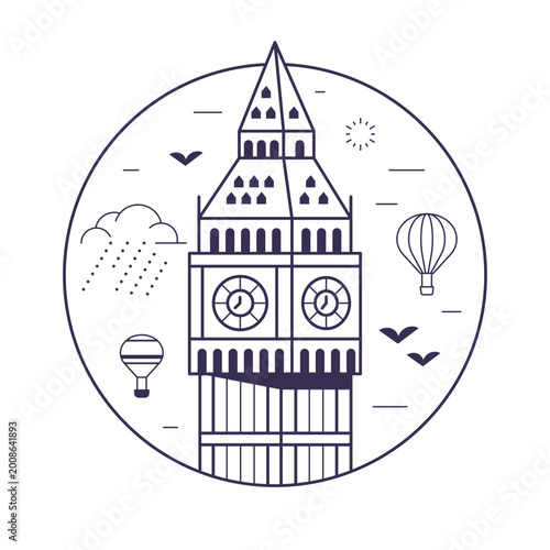 Big Ben Clock Tower London Landmark Line Icon