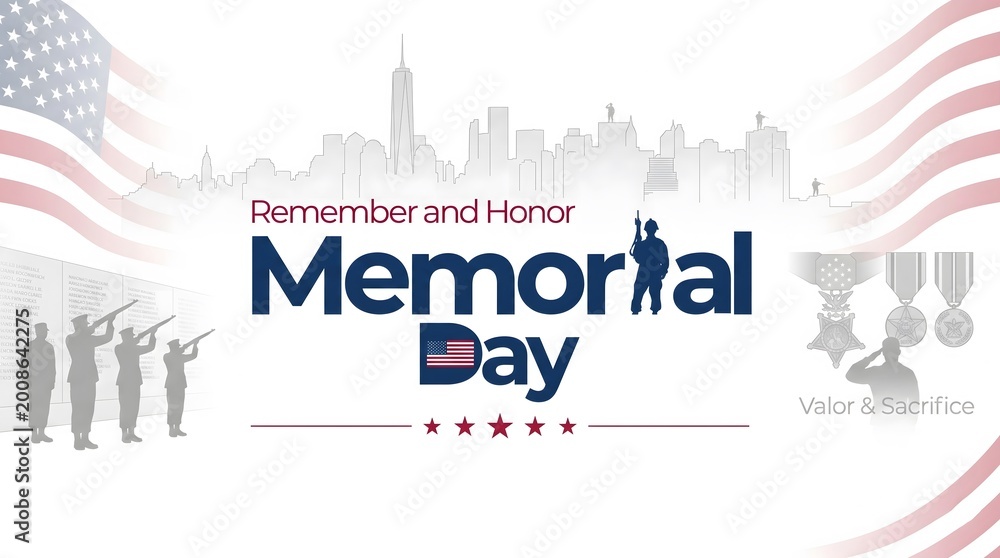Fototapeta premium Memorial day banner illustration featuring proud national monuments