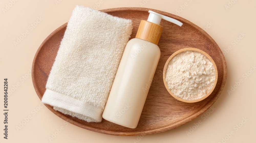 Naklejka premium A wooden tray holds a folded white towel, a beige pump bottle, and a small wooden bowl filled with a light-colored powder, set on a neutral backdrop