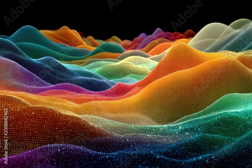 Vibrant rainbow particle waves on black background