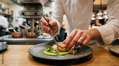 Fotografija Chef delicately plating a seared scallop, fine dining culinary artistry, elegant