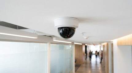 Modern dome security camera on a white ceiling, clean surveillance technology concept with sleek minimal design, realistic detail, no logos