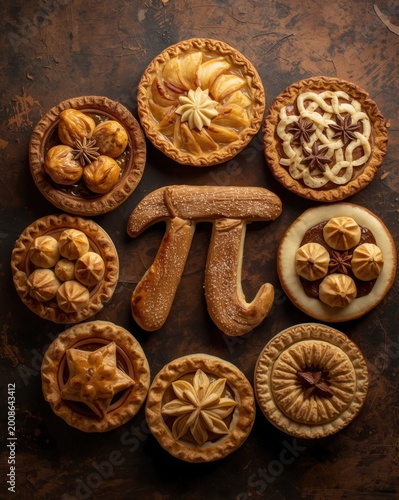 Freshly baked homemade fruit pies and a large gingerbread pi symbol arranged on a dark rustic wooden table for a math themed celebration