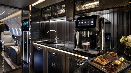 Stunning private jet galley, high-tech coffee machine, premium snacks on a tray, sleek metal
and carbon fiber surfaces