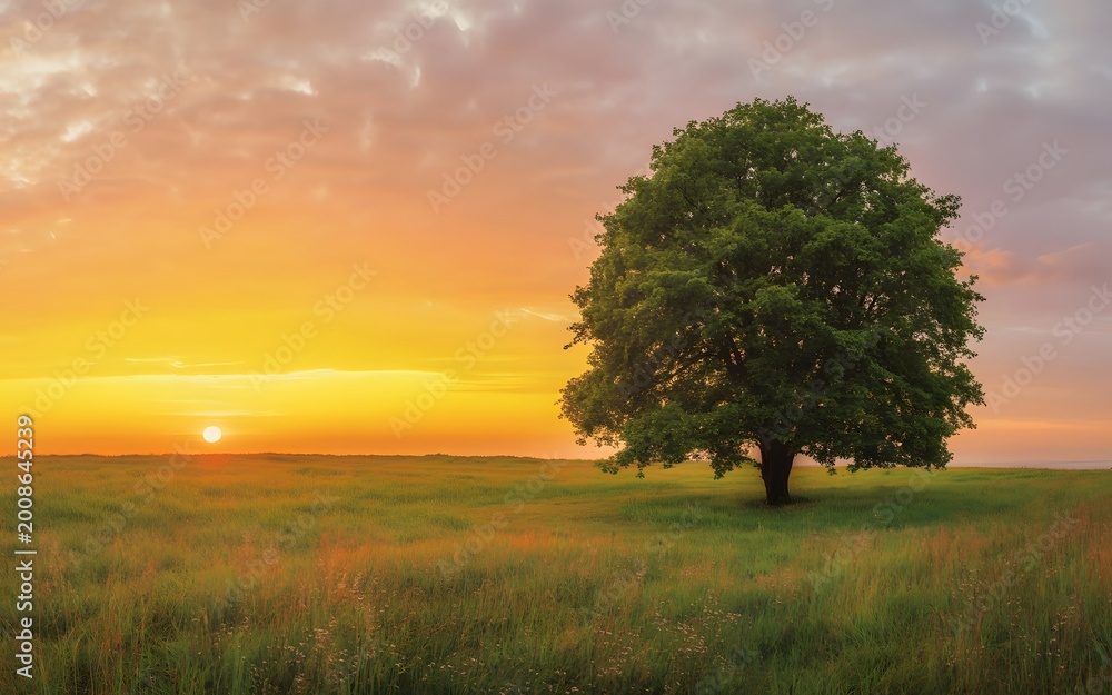 Obraz premium Tree in a field at sunset