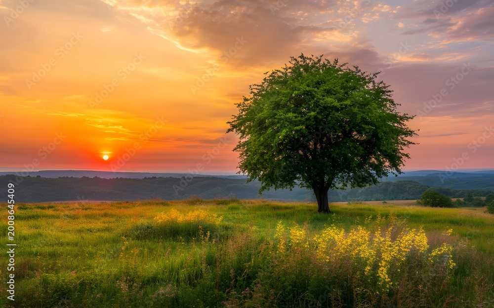 Fototapeta premium Pixel art tree in a field at sunset