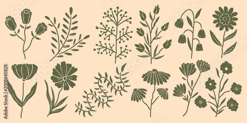 Tableau sur toile Set of minimalist organic wildflower silhouettes and leaves in hand drawn