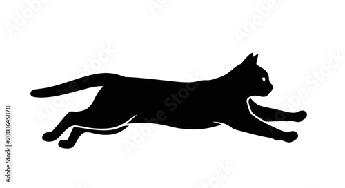 Obraz na plátně Black Cat Silhouette Running Fast, Isolated on White Background