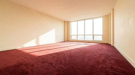Spacious unfurnished room with a sunlit window and crimson carpet, clean interior background for real estate, renovation and home staging themes, warm natural light, minimal architecture and realistic