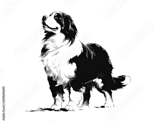 A beautifully detailed black and white ink drawing showcases a majestic Bernese Mountain Dog standing proudly against a stark white background.