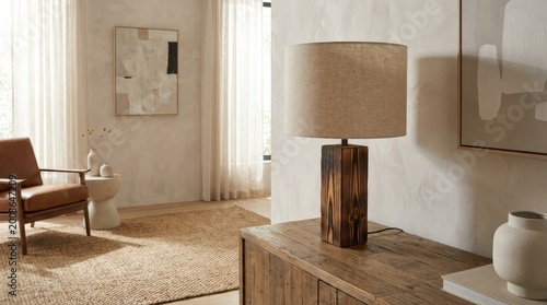 Vintage style pine lamp with fabric shade enhanced by shou sugi ban wood treatment, elegant interior styling, contemporary decor, realistic materials, balanced composition, soft daylight, crisp focus,