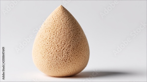 Peach-hued teardrop makeup sponge with a textured surface, standing on a white background