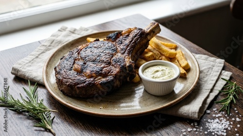 Fotografie Tender beef rib steak alongside hand cut fries and a small bowl of dipping sauce
