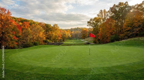 Foto Vivid green golf putting area with a red flag waving on a crisp autumn afternoon