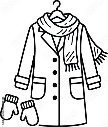 Black and white illustration of winter clothes with coat, scarf and mittens