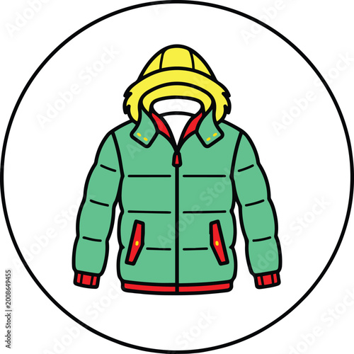 Teal winter jacket with yellow hood and red accents