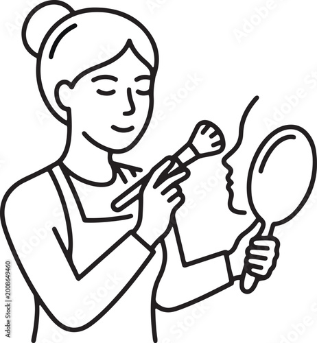 Woman applying makeup with brush and mirror