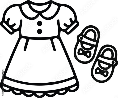 Black and white line art of a child's dress and sandals
