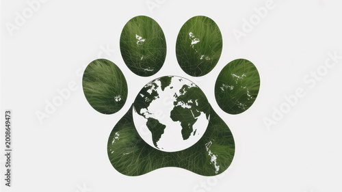 Animal paw print shape filled with a green grass texture and a map silhouette inside