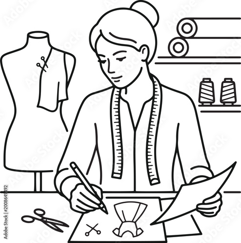 Woman drawing fashion design with a mannequin in the background