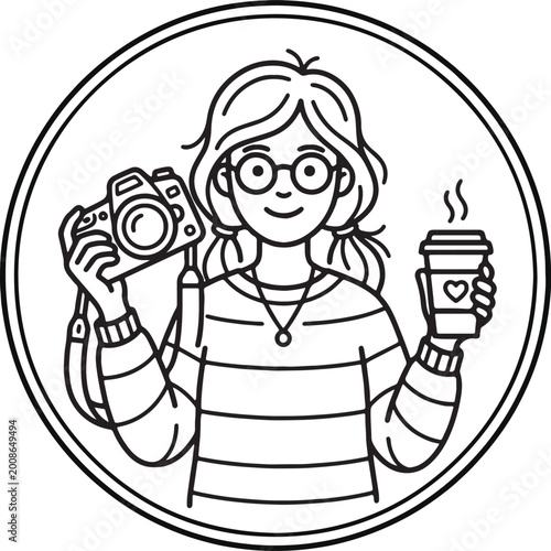 Smiling woman with camera and coffee