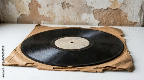 Vintage vinyl record lying on worn torn paper sleeve with textured grunge backdrop, premium stock image, clean marketable composition, refined details, soft natural lighting, realistic textures,