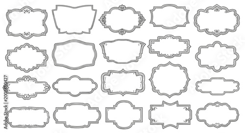 Set of twenty vintage style decorative border frames and labels in black and white for invitations and graphic design.