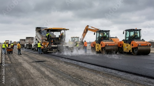 Fotografía A road construction crew working on a highway with heavy machinery and fresh asp