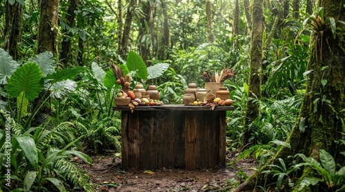 Schilderij op canvas A wooden podium set in a lush tropical forest with a vibrant green backdrop, exotic product presentation scene with rich foliage and soft sunlight, ultra-realistic, no logos