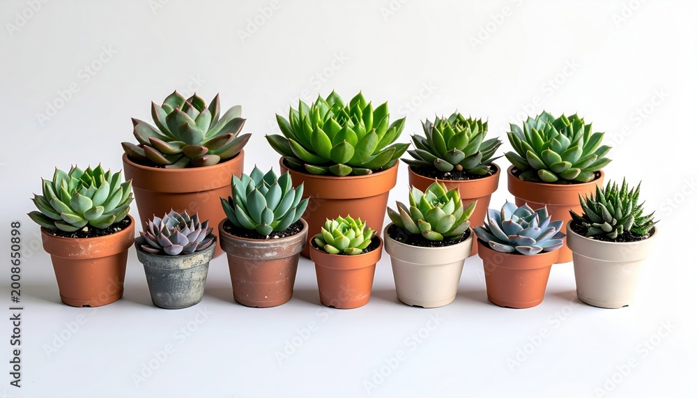 Fototapeta premium Assortment of assorted small potted succulents arranged in a collection of terracotta and ceramic pots