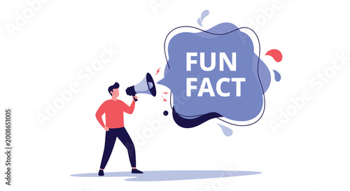 Man with a megaphone announcing a fun fact inside a large speech bubble for trivia and audience engagement on social media.