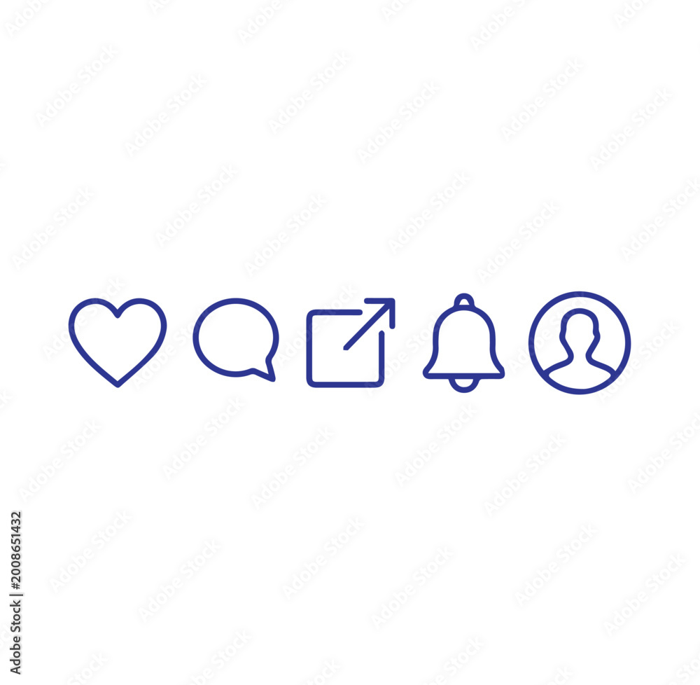 Fototapeta premium Social media icons: heart chat bubble share bell profile with icon set