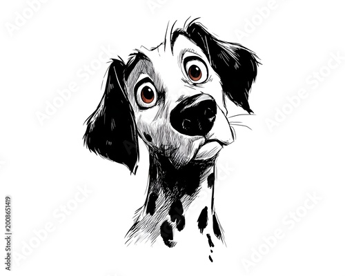A charming ink sketch of a Dalmatian puppy with expressive eyes and playful spots, captu its adorable personality in a cute illustration.