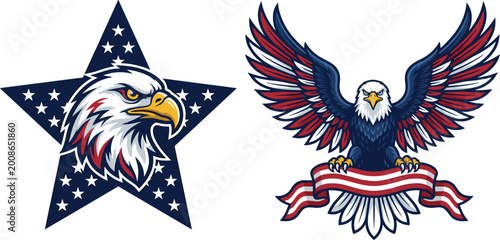 Schilderij op canvas American Bald Eagle Patriotic Mascot Set Featuring Eagle Head in Star and Spread