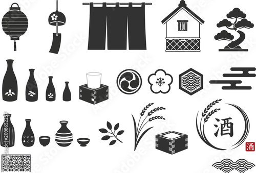 Japanese sake culture icon set, traditional izakaya restaurant symbols,  black vector silhouettes of rice wine bottles and lanterns.
