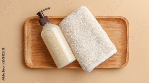 A beige lotion bottle and cream towel rest on a light wooden tray, shot from directly above