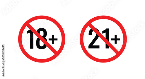 Red circular warning signs indicating age restrictions of eighteen plus and twenty one plus for adult content or legal requirements. Free Download Red circular warning signs indicating age restrictions of eighteen plus and twenty one plus for adult content or legal requirements. - GFXLoad