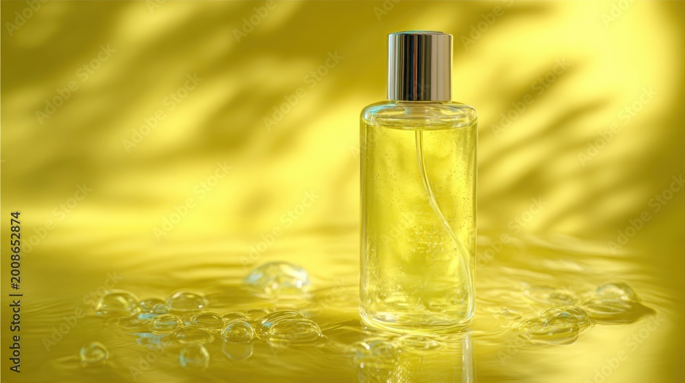 Fototapeta premium A tall glass bottle with gold cap filled with yellow liquid is displayed against a blurred, textured golden backdrop. Some bubbles rest nearby